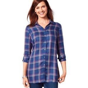Talbots Women's Buckingham Plaid Soft Flannel Plaid Button Up Tunic Shirt Blue X